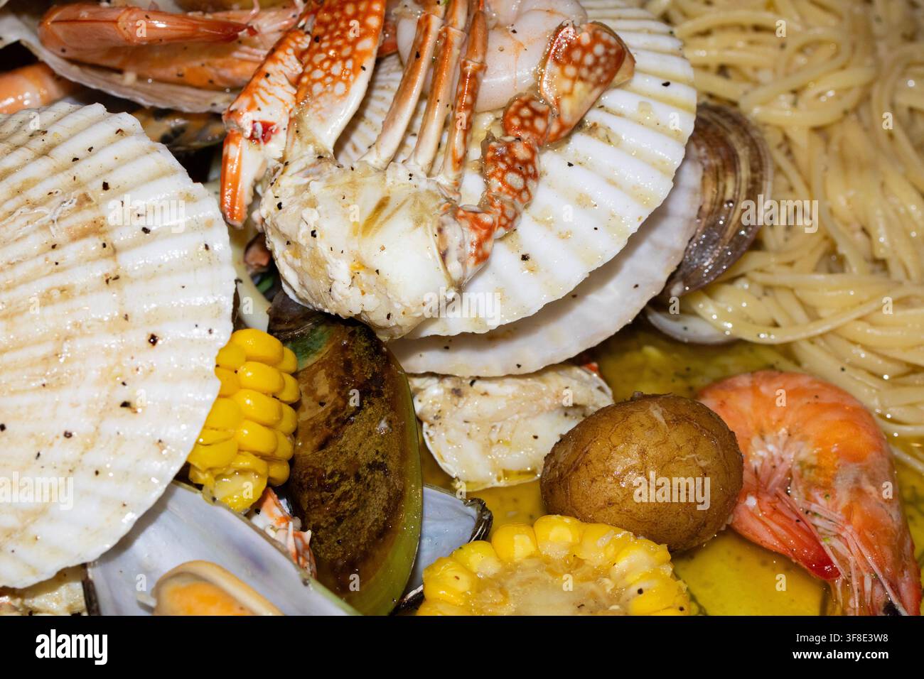 Meeresfrüchte-Eintopf mit Krabben, Garnelen, Muscheln und Pasta Stockfoto