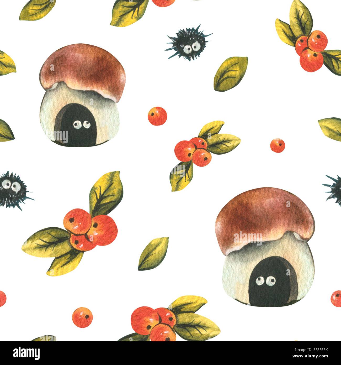 Nahtloses Muster mit handgemalten Aquarellpilzen und Waldbeeren. Niedliche Waldcharaktere für Kinder. Herbsternte-Thema Design für Stockfoto