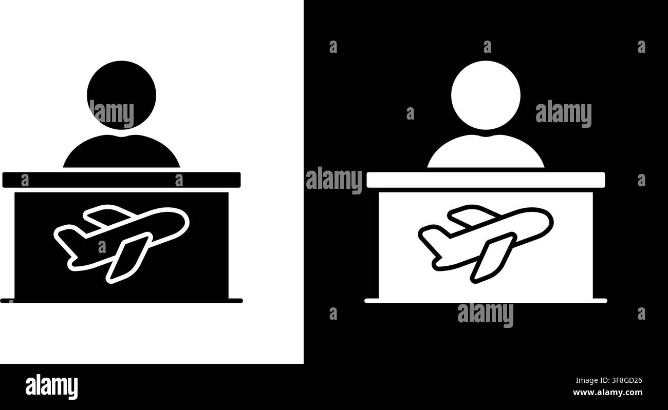 Flughafen-Check-In-Schalter Solide Symbol-Sammlung. Flughafendienst, Passagierbetreuung und Fluginformations-Silhouetten-Symbol-Sammlung. Reisen und Luftfahrt Stock Vektor
