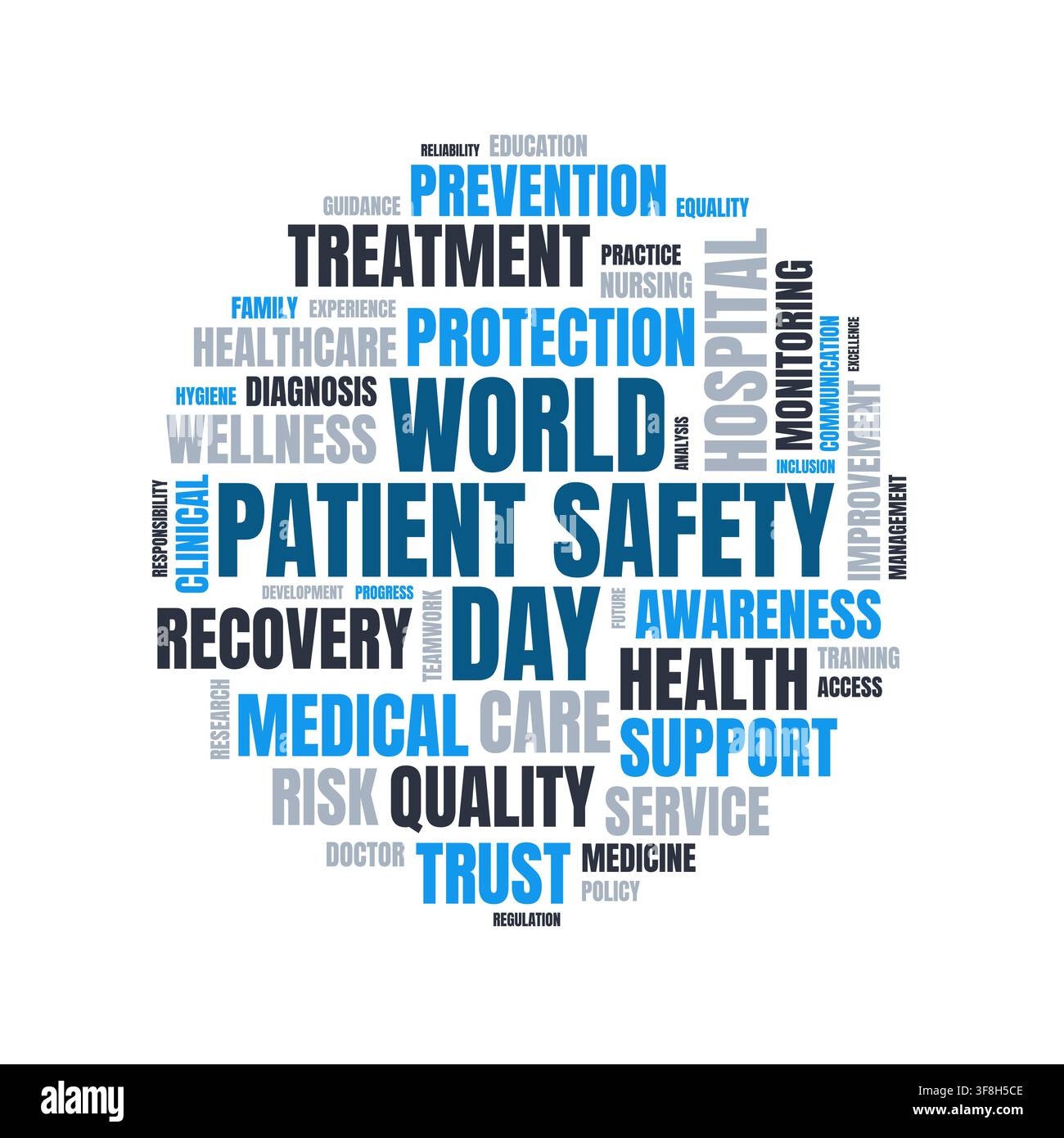 Eine kreisförmige typografische Wortwolken-Vektorillustration, die den Weltpatientensicherheitstag mit medizinischen und gesundheitlichen Begriffen hervorhebt. Stock Vektor