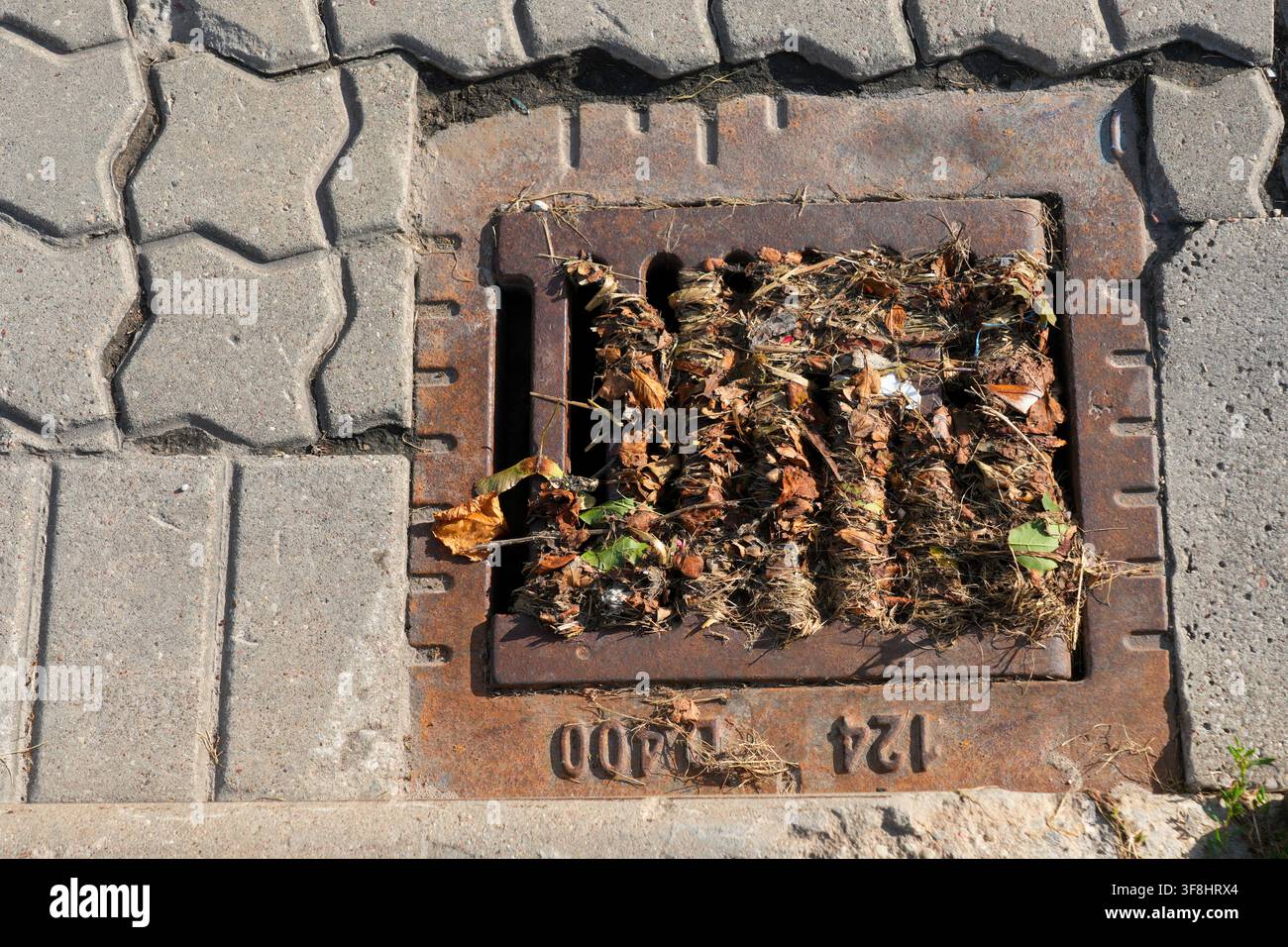 Nahaufnahme eines verstopften Straßentrainings gefüllt mit trockenen Blättern, Gras und Schutt, das eine mangelnde Entwässerungswartung und ein potenzielles Hochwasserrisiko zeigt Stockfoto