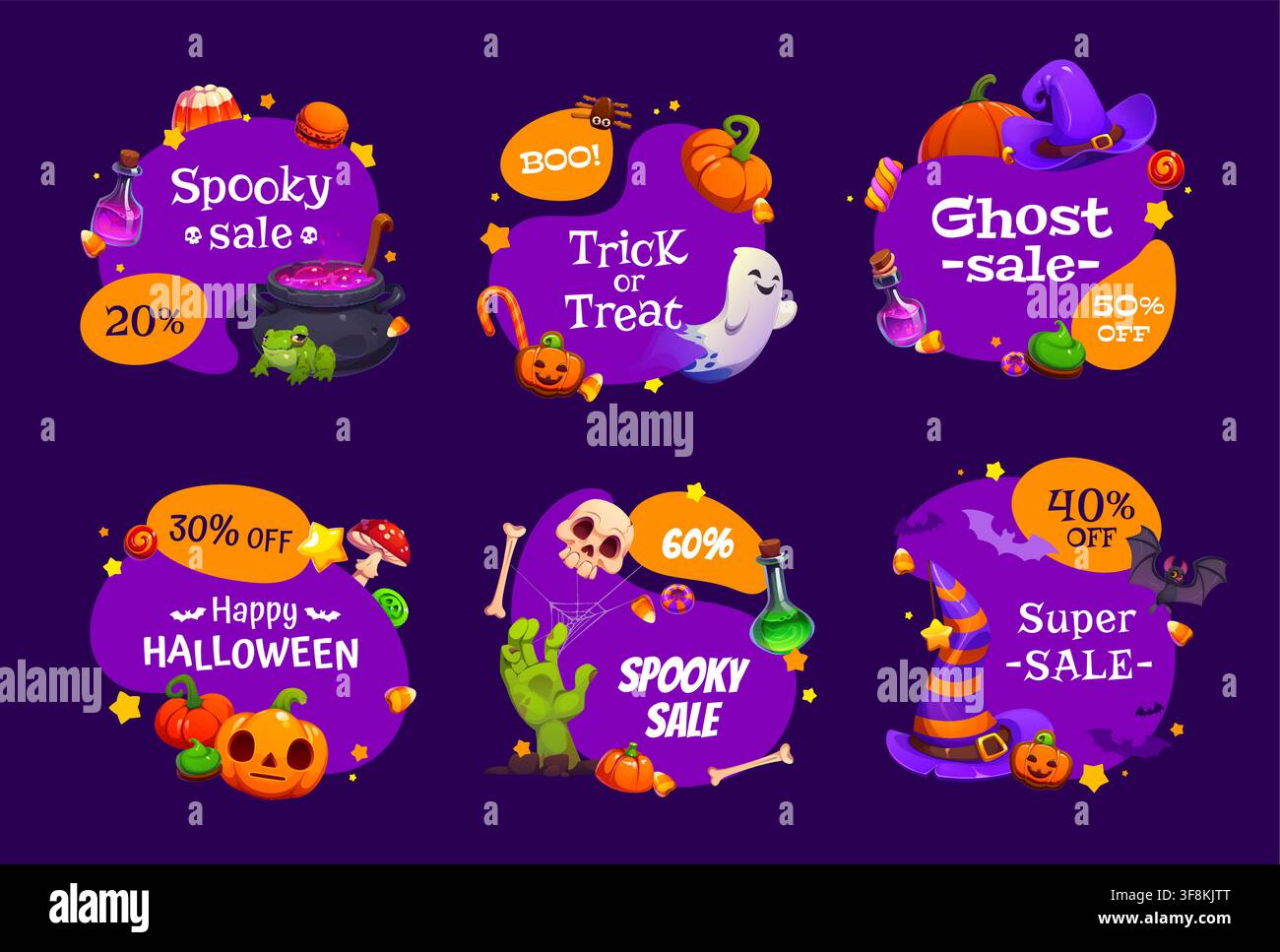 Halloween-Rabattabzeichen, Ausverkaufsetiketten und gruselige Feiertagsangebotsetiketten, Vektoraufkleber. Halloween-Rabattabzeichen für Shop-Promo mit lustigen Geistern, Hexe ca Stock Vektor