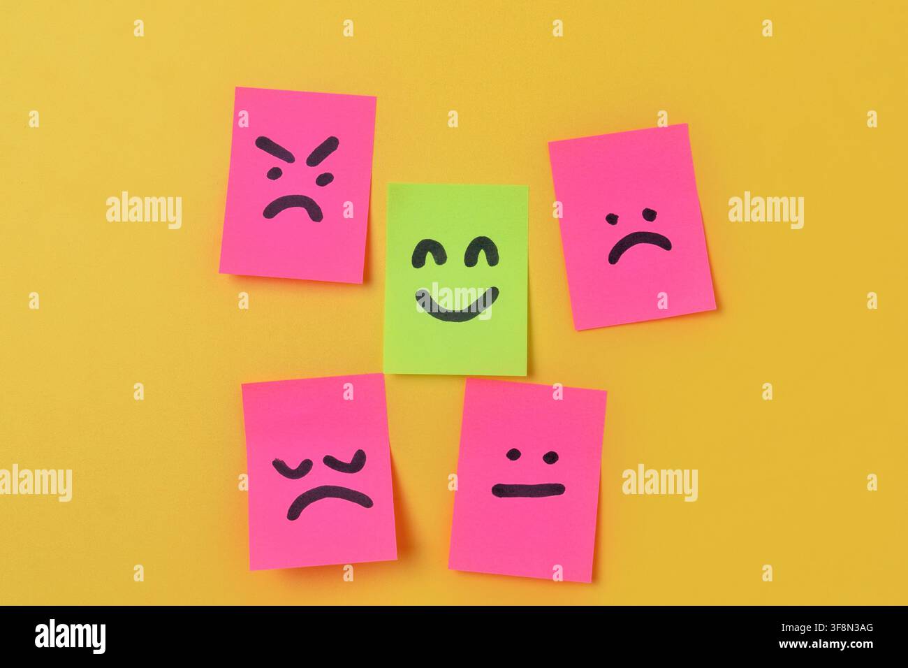 Grüner Haftnotizblock mit einem Smiley-Gesicht, umgeben von rosa Notizen mit negativen Ausdrücken auf gelbem Hintergrund mit Kopierplatz. Psychische Gesundheit Stockfoto