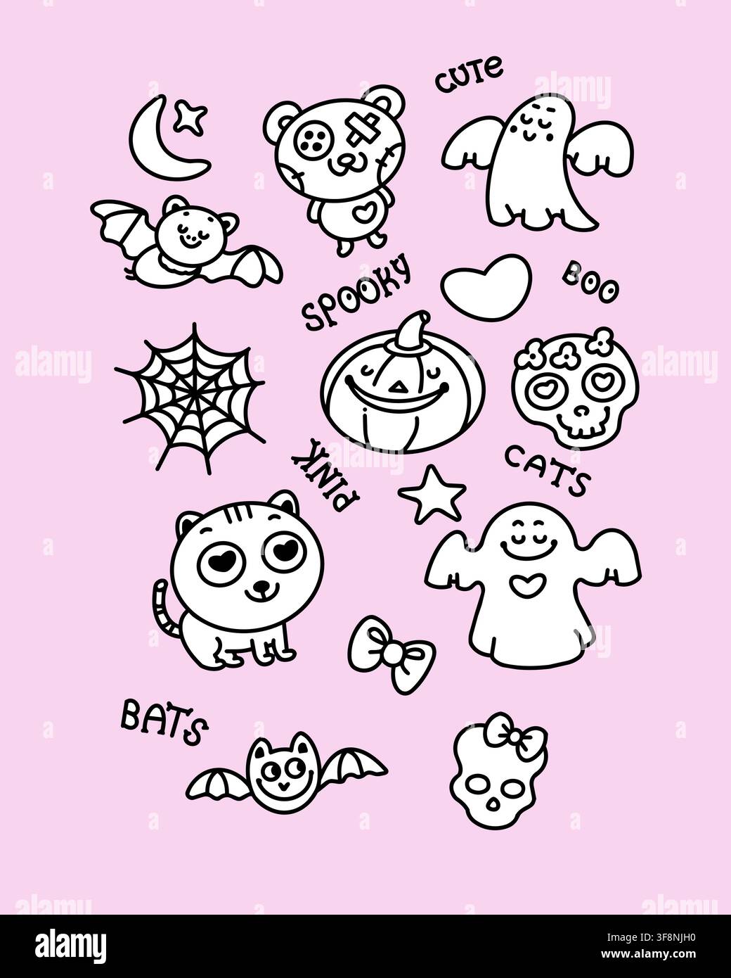 Niedliche gruselige Pastell-Goth-Halloween-Doodle-Vektorelemente. Kreative gruselige Kawaii-handgezeichnete Aufkleberblatt-Umrisssammlung. Minimalistisches Grafik-Flash Stock Vektor