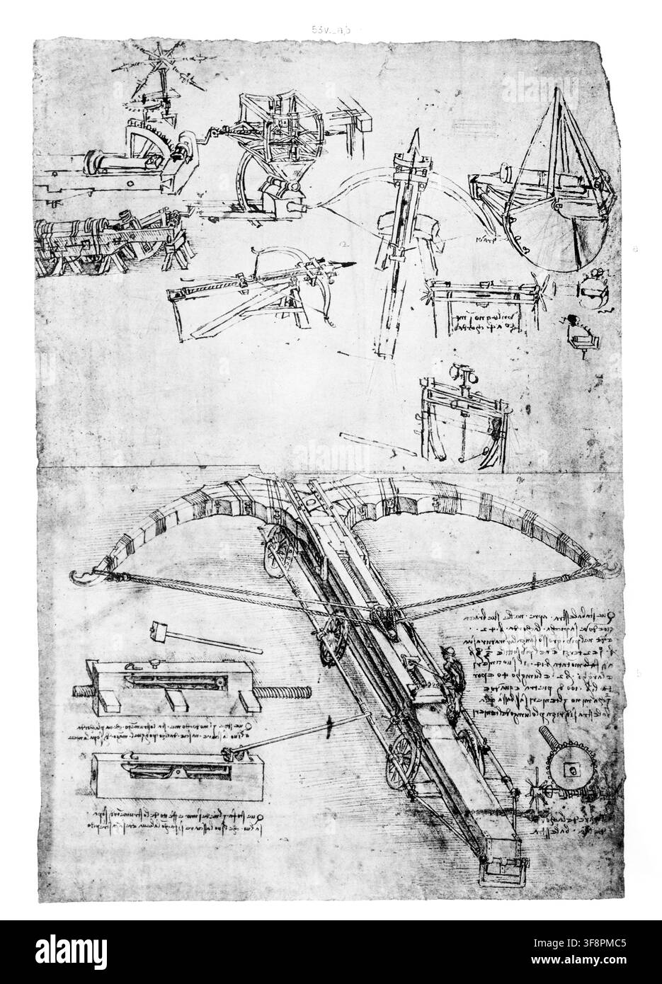 Leonardo da Vinci, Große Armbrust-Mechanikzeichnung und technische Zeichnungen aus einem Notizbuch, 1452-1519 Stockfoto