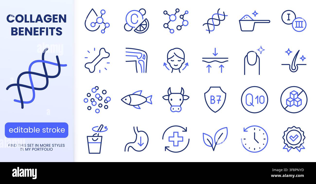 Kollagenlinien-Symbole gesetzt. Hyaluronsäuremolekül, Vitamin C, Hautpflege, Elastizität, Kniegelenk, Schönheit flach minimaler Vektor Illustration. Einfach Stock Vektor