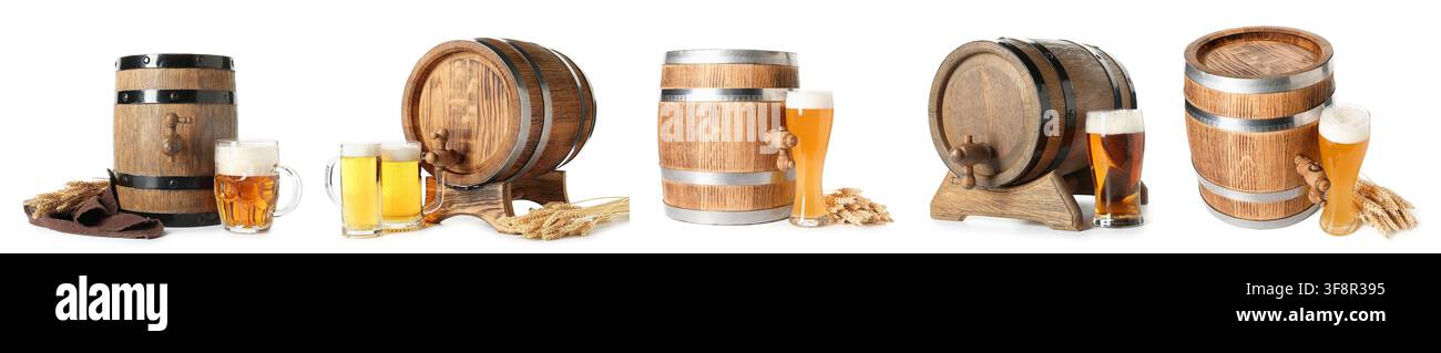 Holzbierefässer mit Gläsern Bier und Weizen Stockfoto