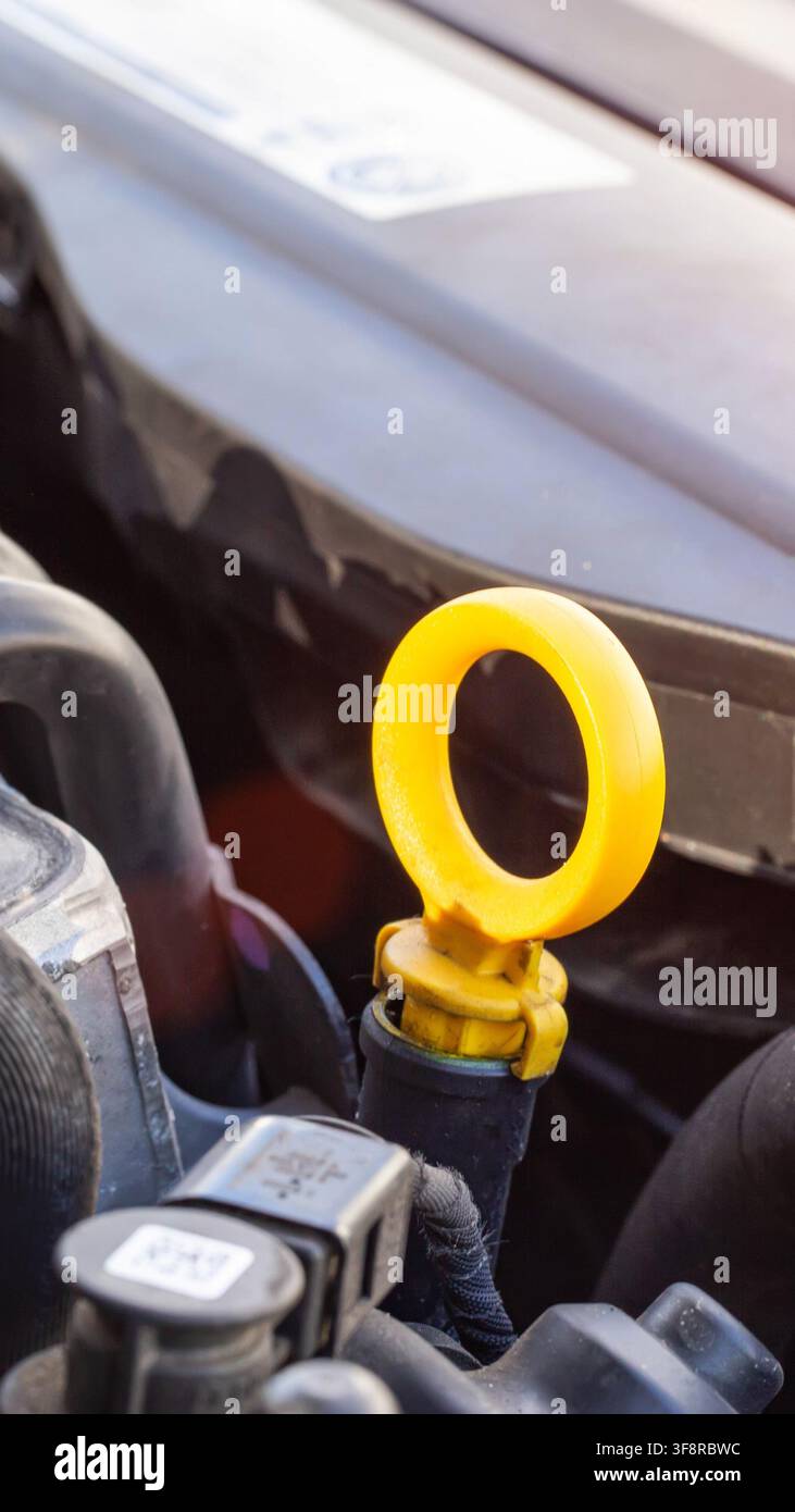 Nahaufnahme des gelben Messstabgriffs, der zur Motorölmessung im Motorraum des Autos verwendet wird, mit Hervorhebung der internen Mechanik. Fokus auf die Flüssigkeit Stockfoto