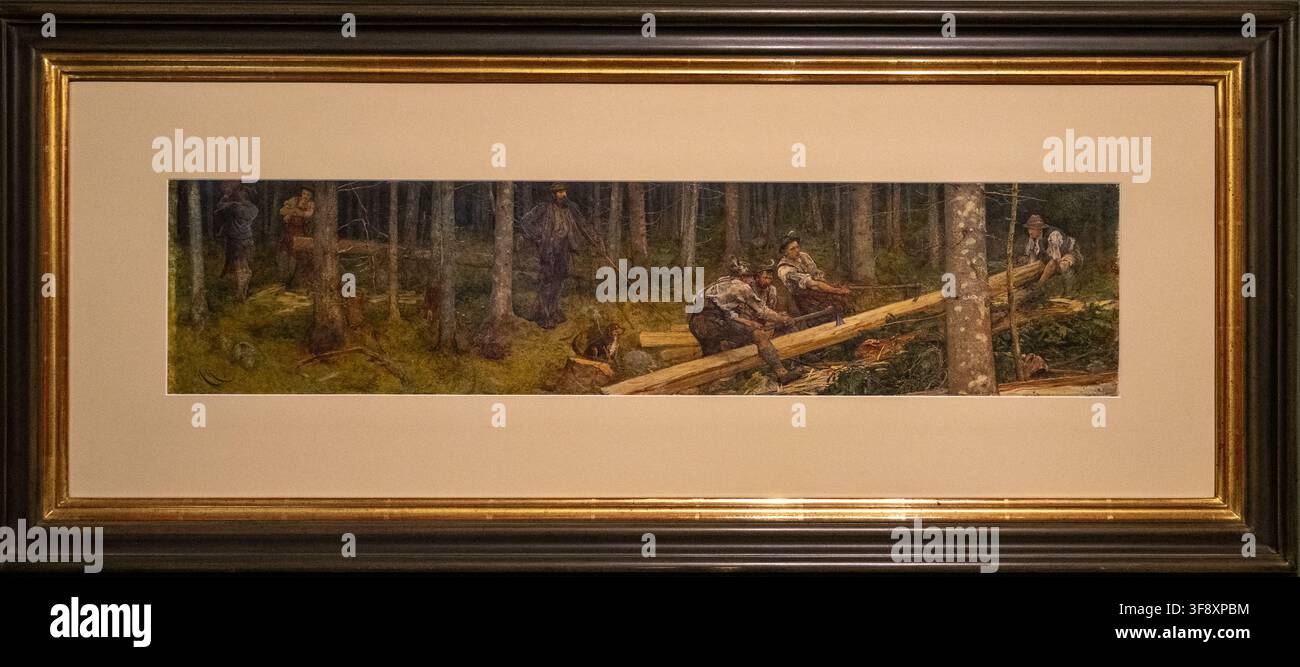 Landsberg, Deutschland – 25. Jul 26: Gerahmte Malerei einer Waldarbeitsszene, ausgestellt im Mutterturm-Museum in Landsberg am Lech, Bayern, Deutschland. Stockfoto