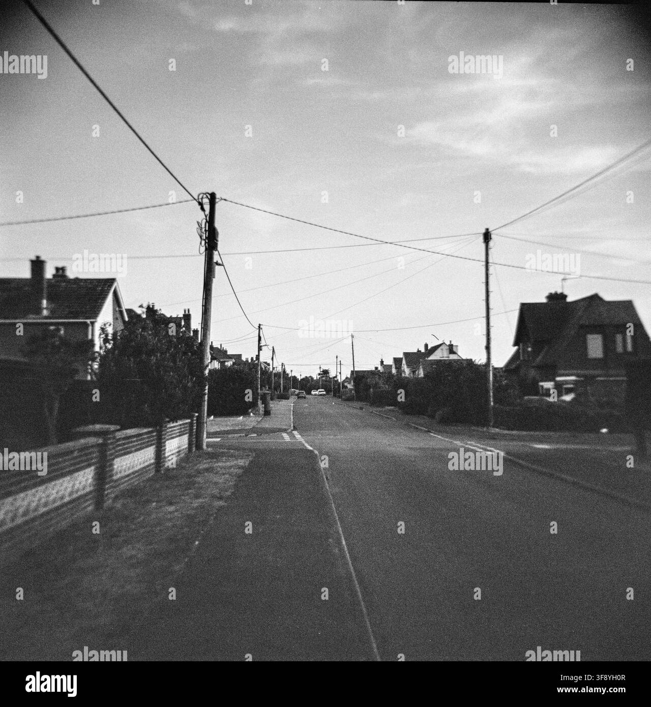 Schwarz-Weiß-Bild einer leeren Straße, aufgenommen auf Mono-Film mit einer Holga-Kamera Stockfoto