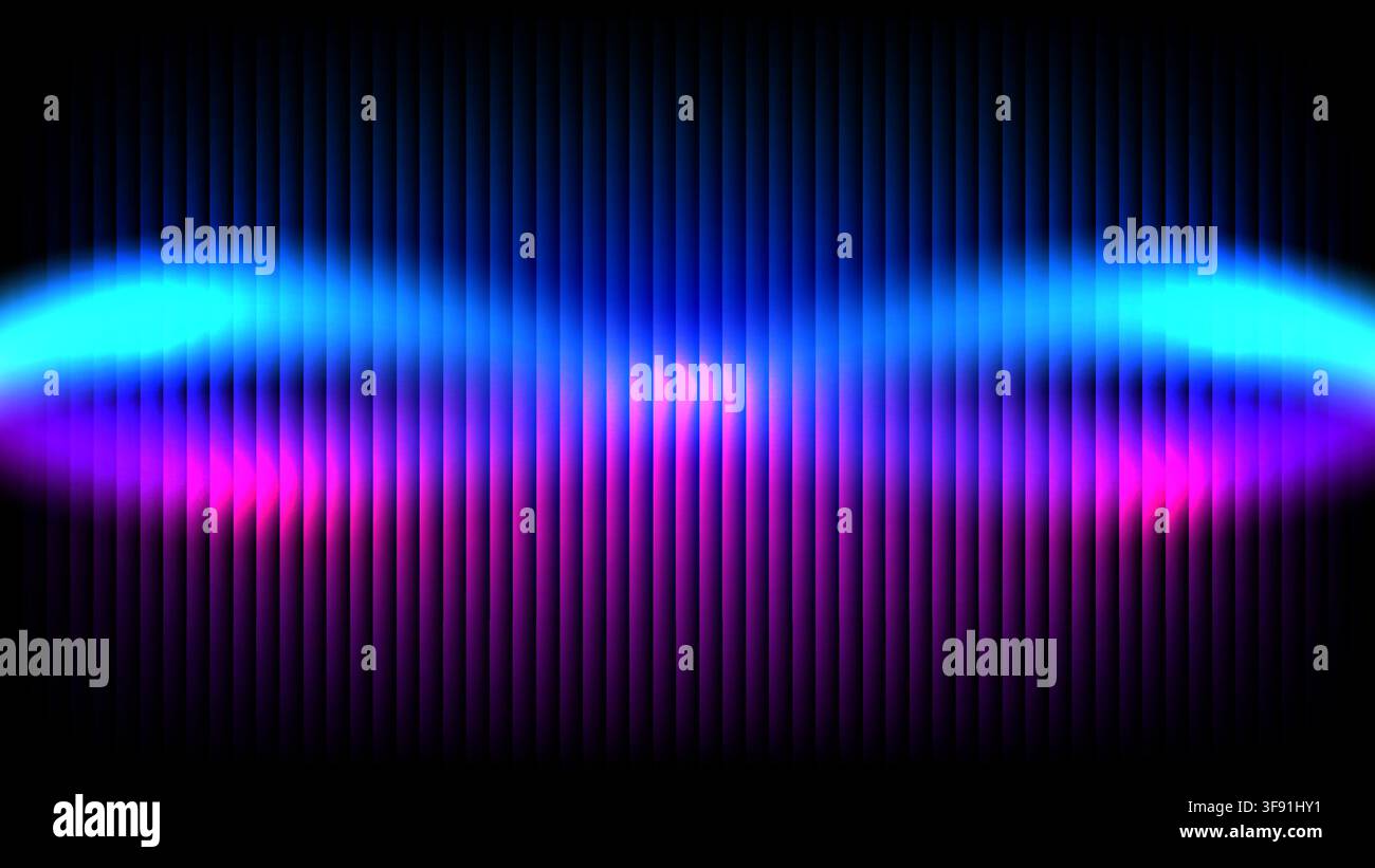 Abstrakter Neonhintergrund mit elektrisch zyanblauen und magentafarbenen leuchtenden Lichtern, futuristische dynamische Welle auf dunkler vertikaler Lamellentextur für hohes T Stock Vektor