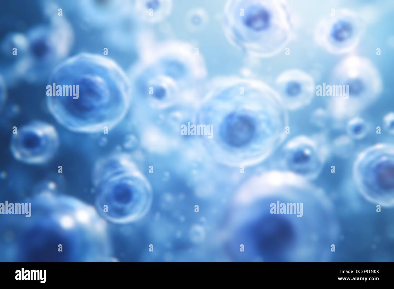 unscharfer medizinischer Hintergrund, 3D-Illustration von blauen biologischen Zellen und Mikroorganismen, die in einem flüssigen Medium schweben, Wissenschaftskonzept. Hochwertiges Foto Stockfoto