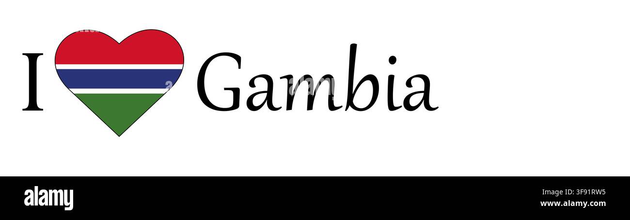 Illustration von I Love Gambia mit einem herzförmigen Schild mit einer Flagge auf weißem Hintergrund Stockfoto