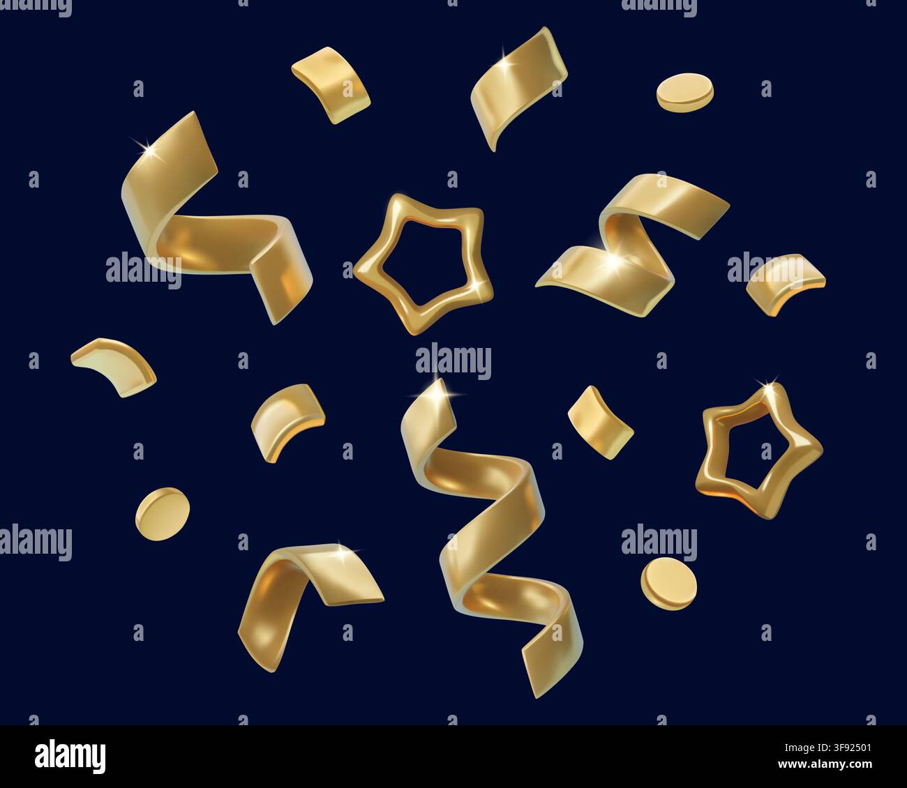 Goldenes Luxus-Konfetti-Set 3D mit lockigen Bändern, Sternen und runden Formen isoliert auf dunklem Hintergrund Stock Vektor