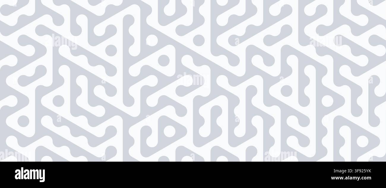 Nahtloses geometrisches Labyrinthmuster. Abstraktes grau-weißes monochromes Ornament mit glatten abgerundeten Linien, Punkten und dreieckigen Formen. Moderner Vektor Stock Vektor