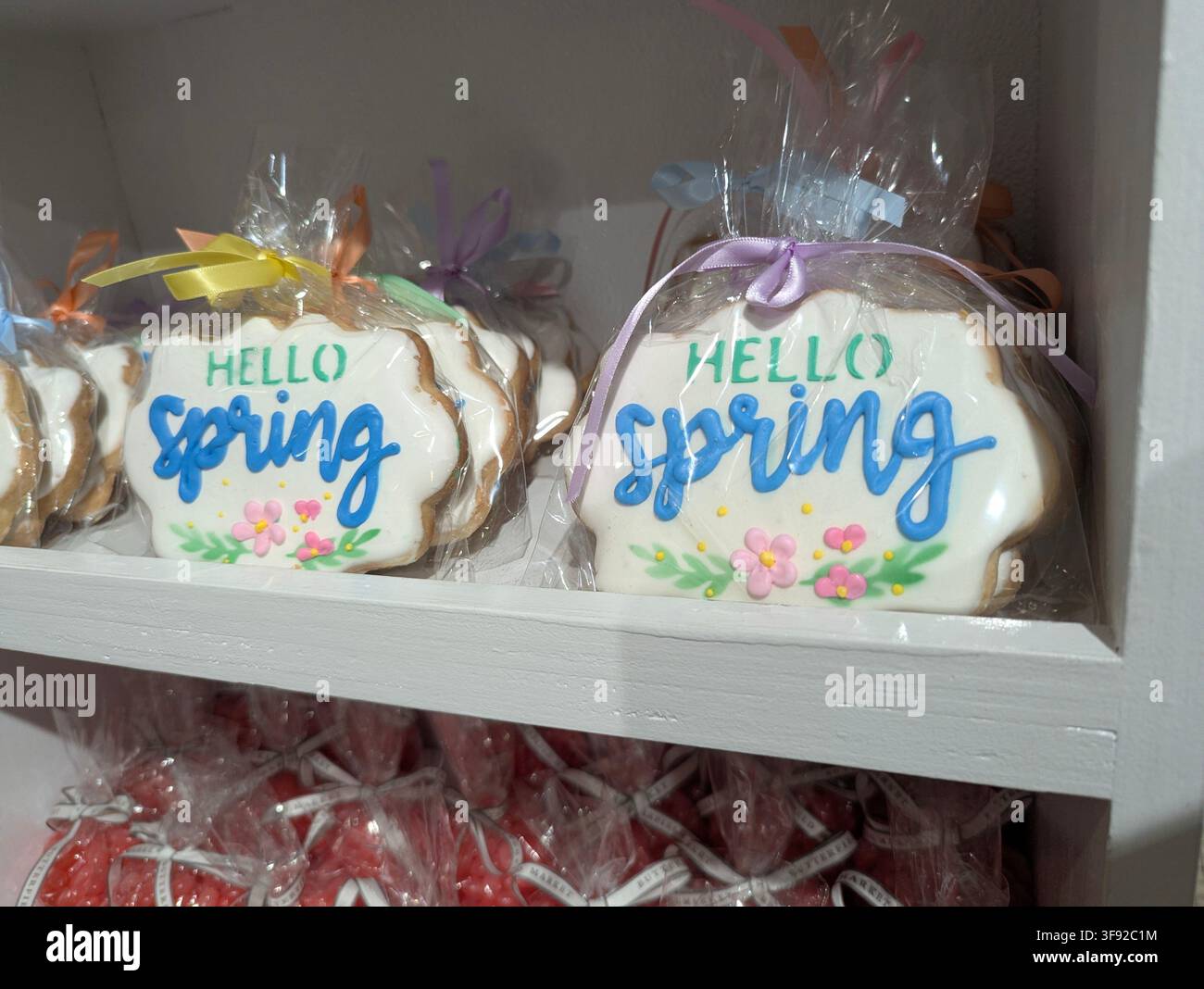 Verpackte königliche Zuckergussplätzchen mit einer gezackten weißen Plakette, „Hallo Frühling“ in grüner und blauer Schrift sowie rosa und gelb gepipsten Blumen. Stockfoto