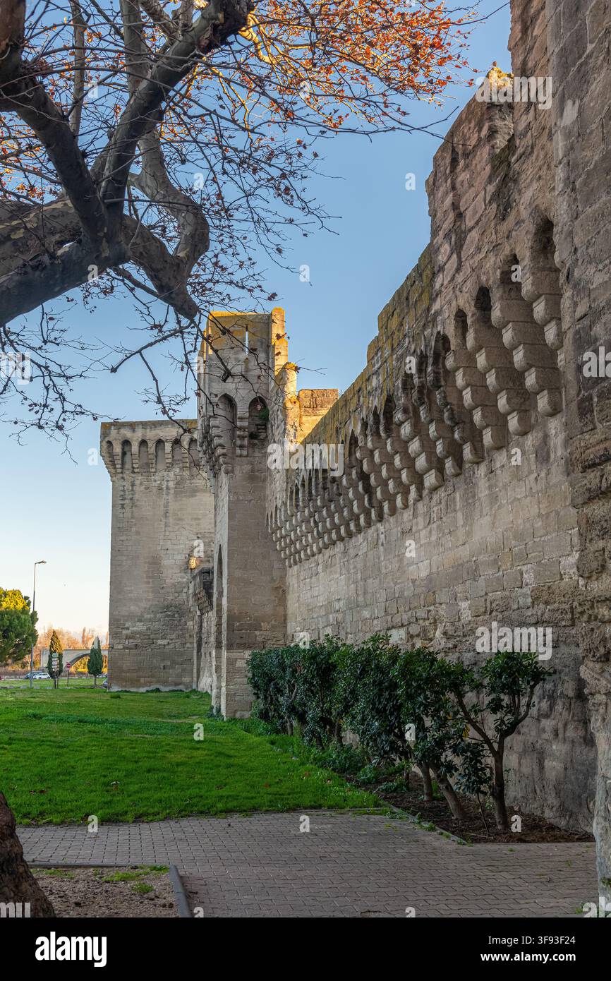 Ein Abschnitt der historischen Stadtmauer von Avignon (Remparts d'Avignon) in Frankreich. Stockfoto