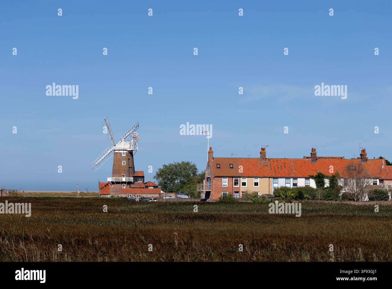 Windmühle von Cley next the Sea und farbenfrohe Reihenhäuser, gesehen über das Schilfrohr Stockfoto