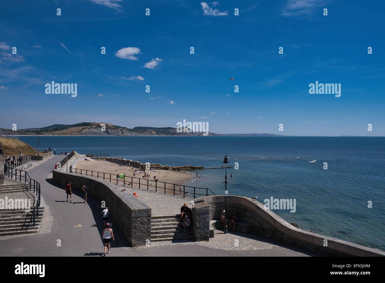 Blick über die Lyme Bay von Lyme Regis, Dorset im Sommer Stockfoto