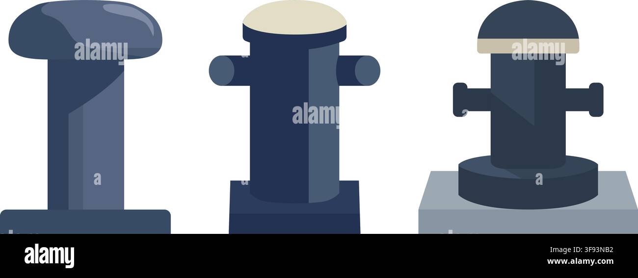 Eine einfache Illustrationssammlung mit drei stabilen, industriellen Beschlägen in Form von Pfosten, die wie Hafenpflaster oder Festmacherpfosten gestaltet sind. Stock Vektor