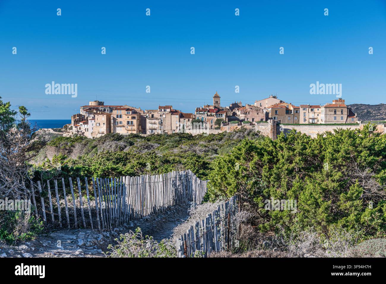 Die historische Stadt Bonifacio, gelegen an den dramatischen, weiß getönten Kalksteinklippen an der südlichen Spitze der französischen Mittelmeerinsel Korsika Stockfoto