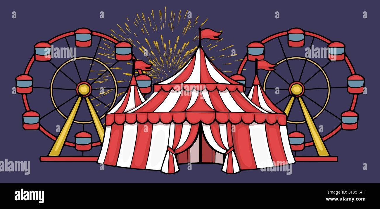 Zirkuszelt und Riesenrad-Vektorillustration mit festlichem Feuerwerk-Hintergrund Stock Vektor