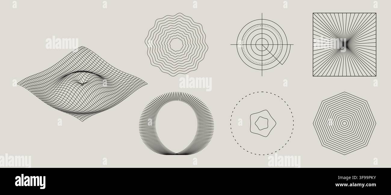 Satz von geometrischen Op-Art-Glyphen und 3D-Drahtgitter-Netz-Vector-Elementen mit optischen Täuschungs-Liniensymbolen für modernes Grafik-Branding-Design Stock Vektor