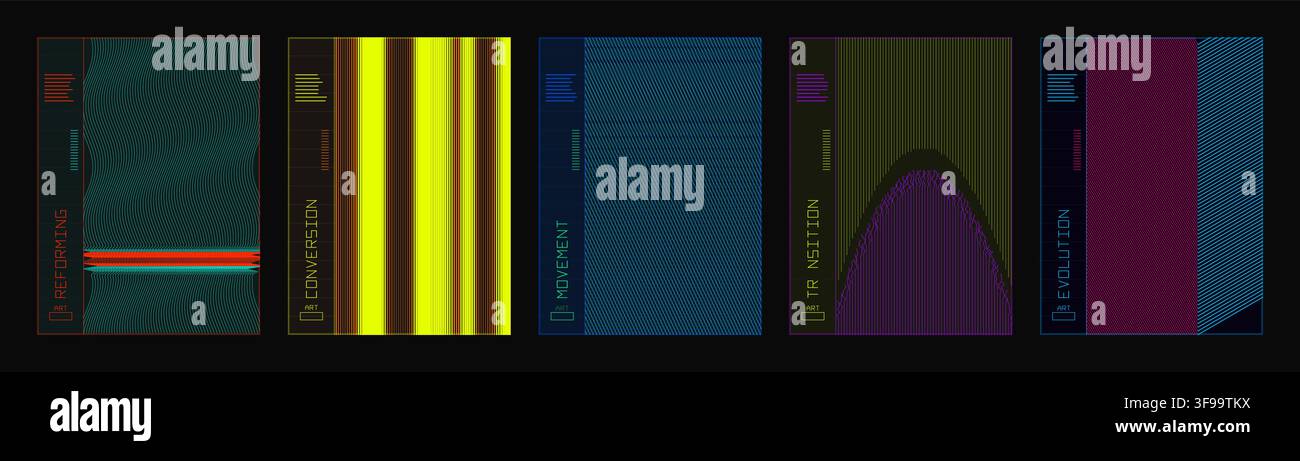 Satz von abstrakten dunklen Techno-Vektor-Postervorlagen mit futuristischen Glitch-Streifen, parametrischen Farbverläufen und Typografie-Layout für Buchcover Stock Vektor