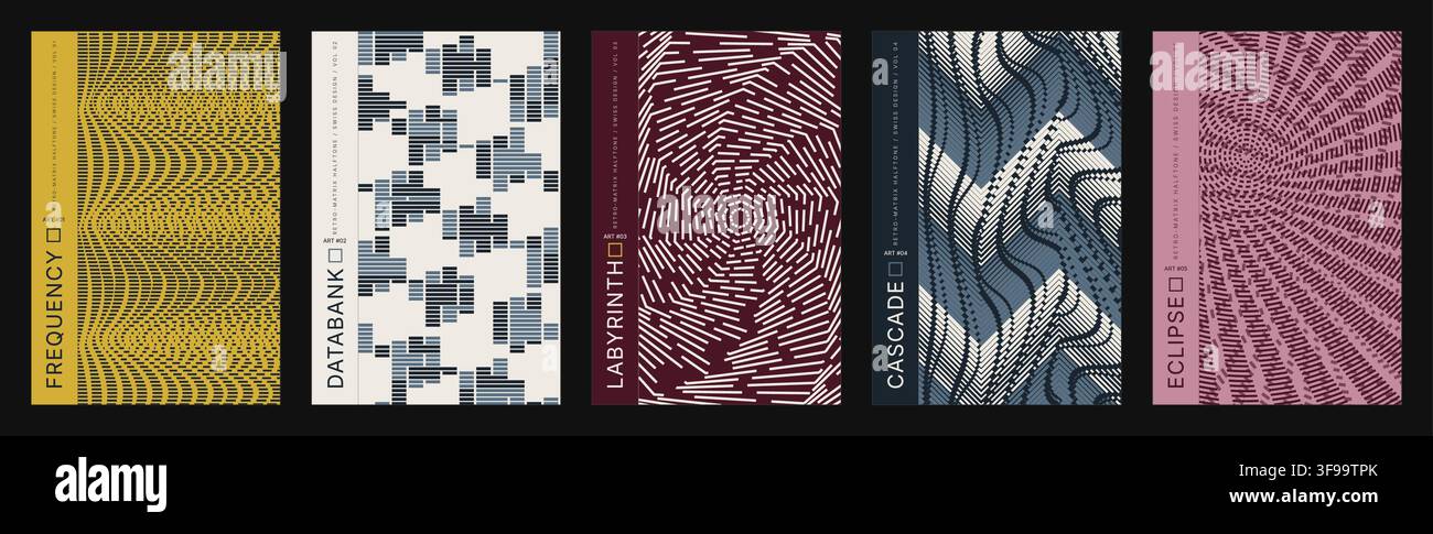 Satz moderner abstrakter geometrischer Vektor-Postervorlagen mit optischen Illusionsmustern, Halbtontекстuren und typografischem Layout für kreative Bücher Stock Vektor