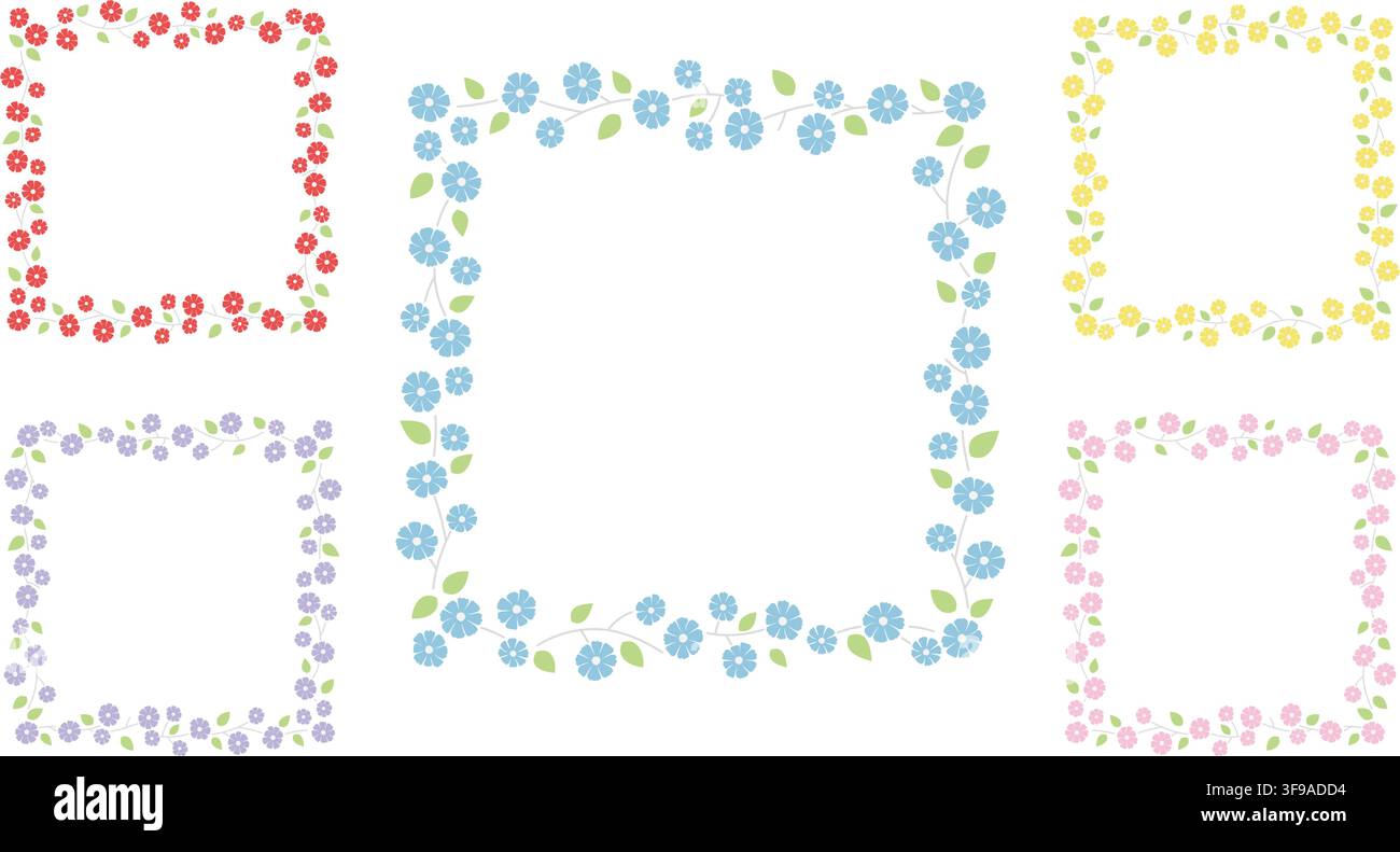 Satz von fünf quadratischen Blumenrahmen isoliert auf weißem Hintergrund. Vektorillustration. Stock Vektor