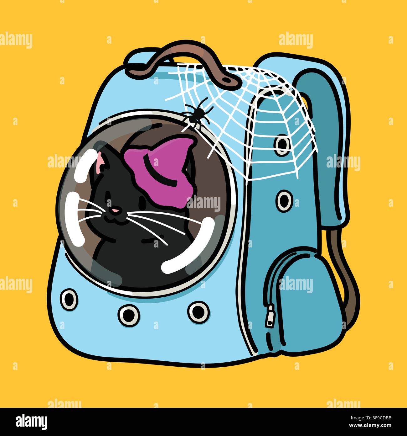 Einfache und bezaubernde Halloween-Illustration einer schwarzen Katze in einem blauen Rucksack umrissen Stock Vektor