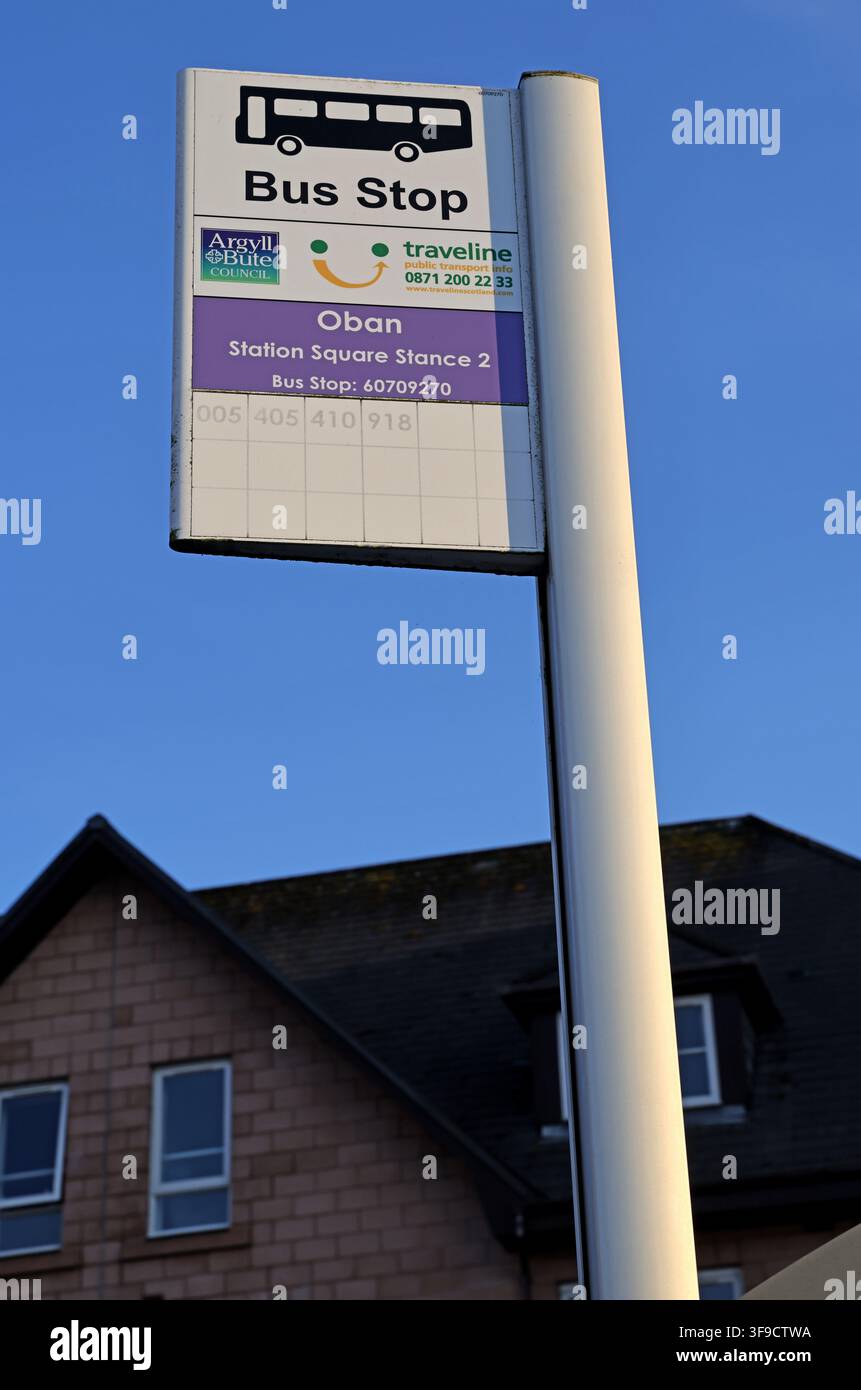 Bushaltestellen-Schild in Oban, Argyll and Bute, Schottland, UK. Stockfoto