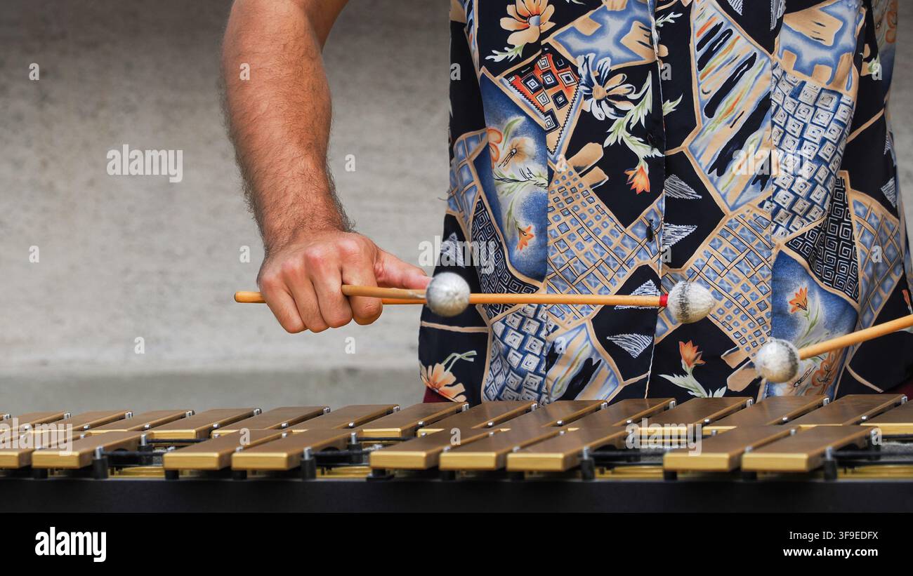 Musiker spielt ein Schlagzeug mit Schlägern, Nahaufnahme Stockfoto