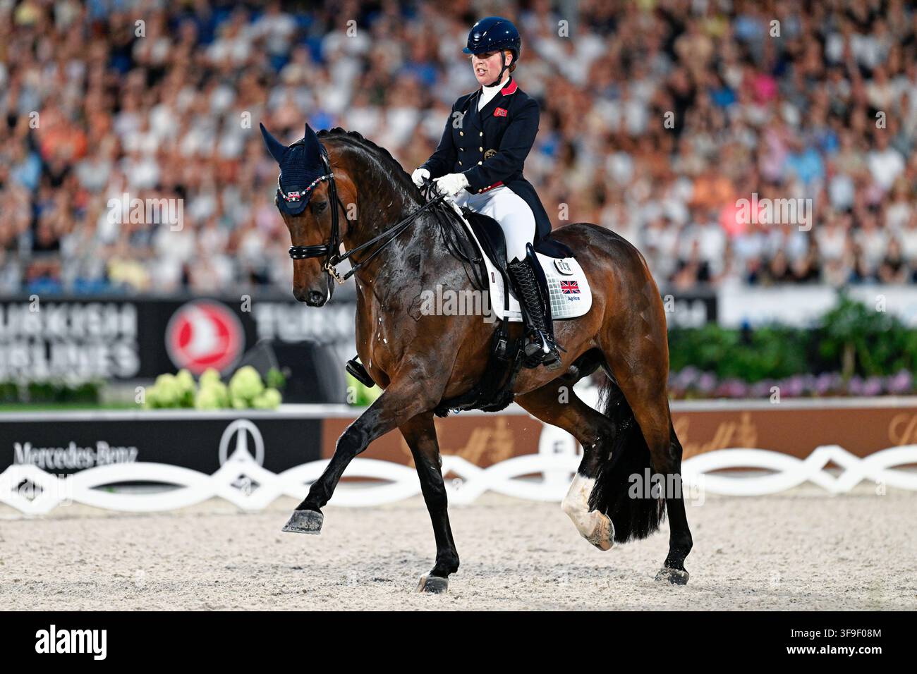 Aachen, Deutschland. 15. Aug., 2026. Pferdesport: Weltmeisterschaften, Dressur, Grand Prix Freestyle. Die britische Dressurreiterin Becky Moody reitet Jagerbomb über den Kurs. Credit: Uwe Anspach/dpa/Alamy Live News Stockfoto