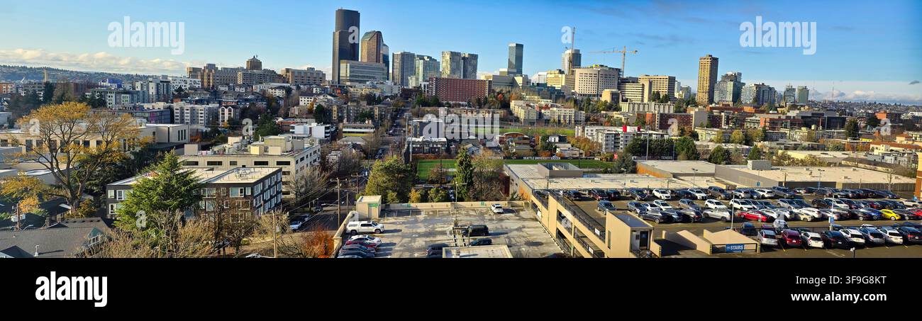 Panorama der Seattle-Skyline und städtische Stadtlandschaft mit Entwicklung der Innenstadt Stockfoto
