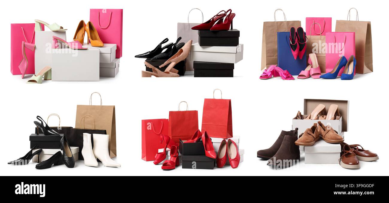 Verschiedene Damen- und Herrenschuhe mit Einkaufstüten und Schachteln Stockfoto