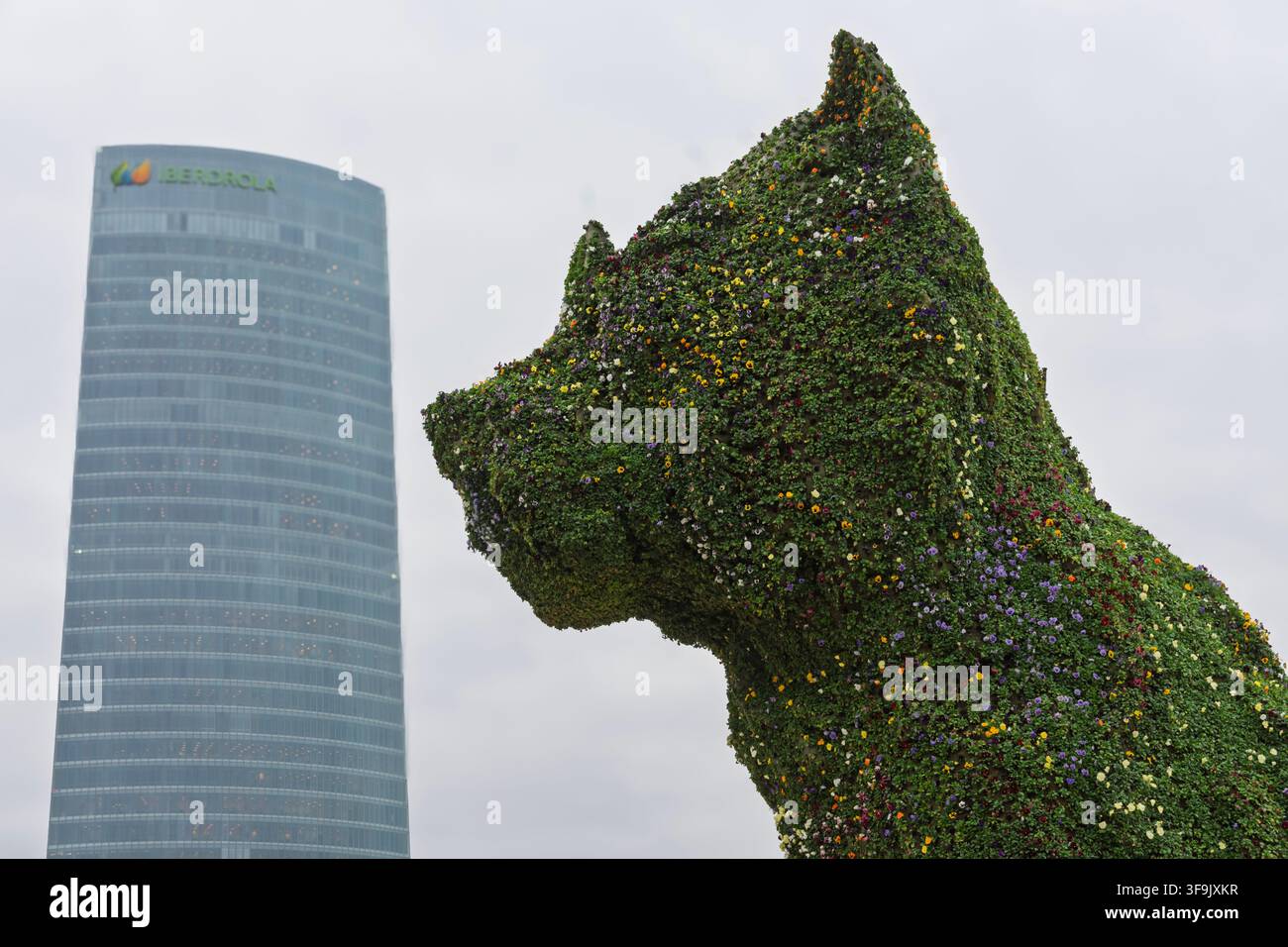 Die riesige blumenbedeckte Skulptur "Puppy" auf dem Platz des Guggenheim-Museums in Bilbao, Spanien. Stockfoto