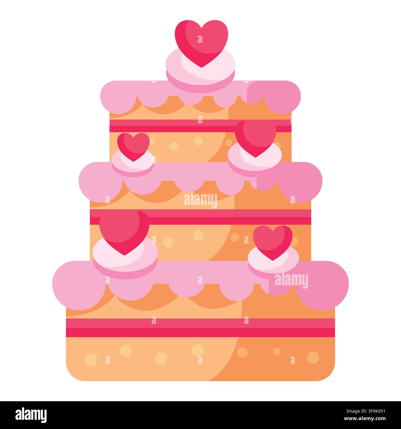 Dreistöckiger Festkuchen mit rosa Zuckerguss und Herzdekorationen, flaches Design Stock Vektor
