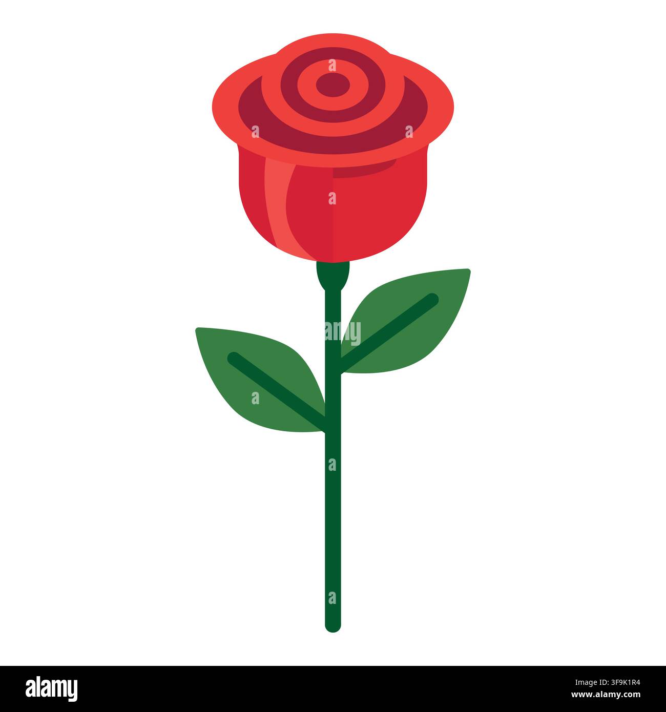 Stilisierte rote Rose mit grünem Stiel und Blättern, einfache flache Design-Illustration Stock Vektor
