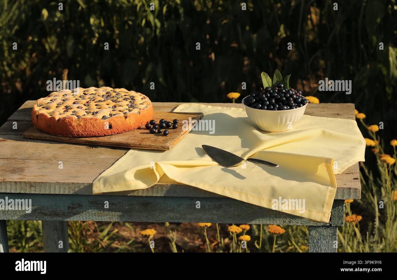 Frisch gebackener Beerenkuchen und frische Beeren in einer sonnigen Gartenatmosphäre auf einem rustikalen Holztisch Stockfoto