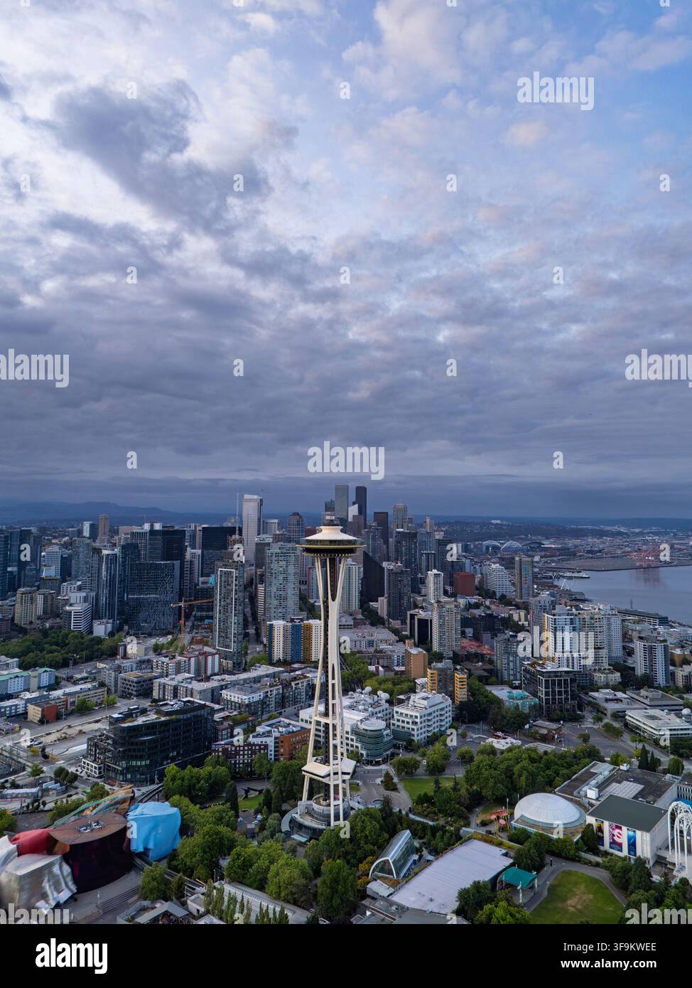 Blick auf die Space Needle, die über der modernen Skyline und der städtischen Landschaft von Seattle, Washington, USA aufragt. Stockfoto