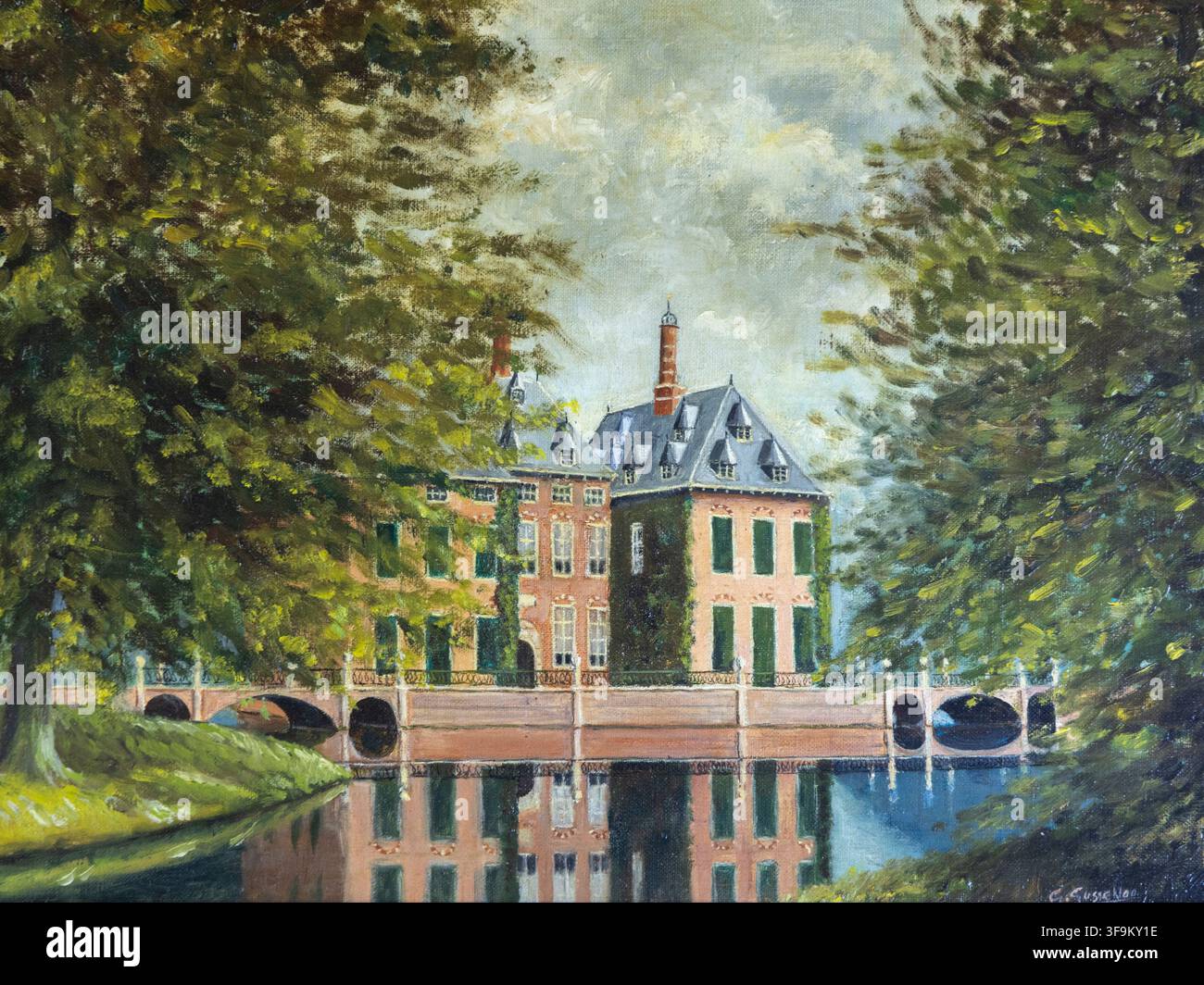 Voorschoten, Niederlande – 13. August 2026: Historisches Gemälde von G. Gussekloo des Landguts Duivenvoorde in Voorschoten, Niederlande Stockfoto