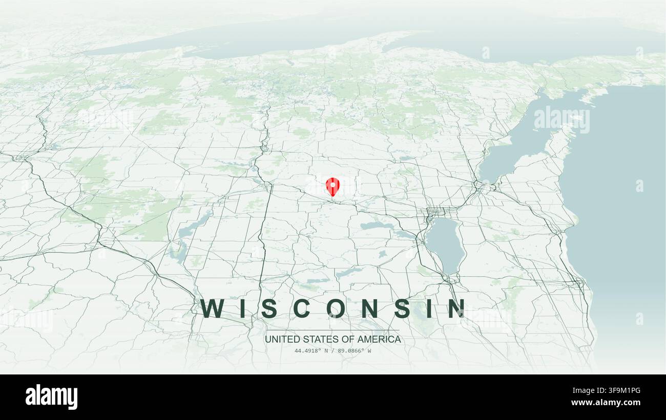 Moderne minimalistische Vektorkarte des US-Bundesstaates Wisconsin mit Umrissgeografie, Großseen, Straßennetz und großen Städten für Druckposter Wandkunstdesign. Stock Vektor