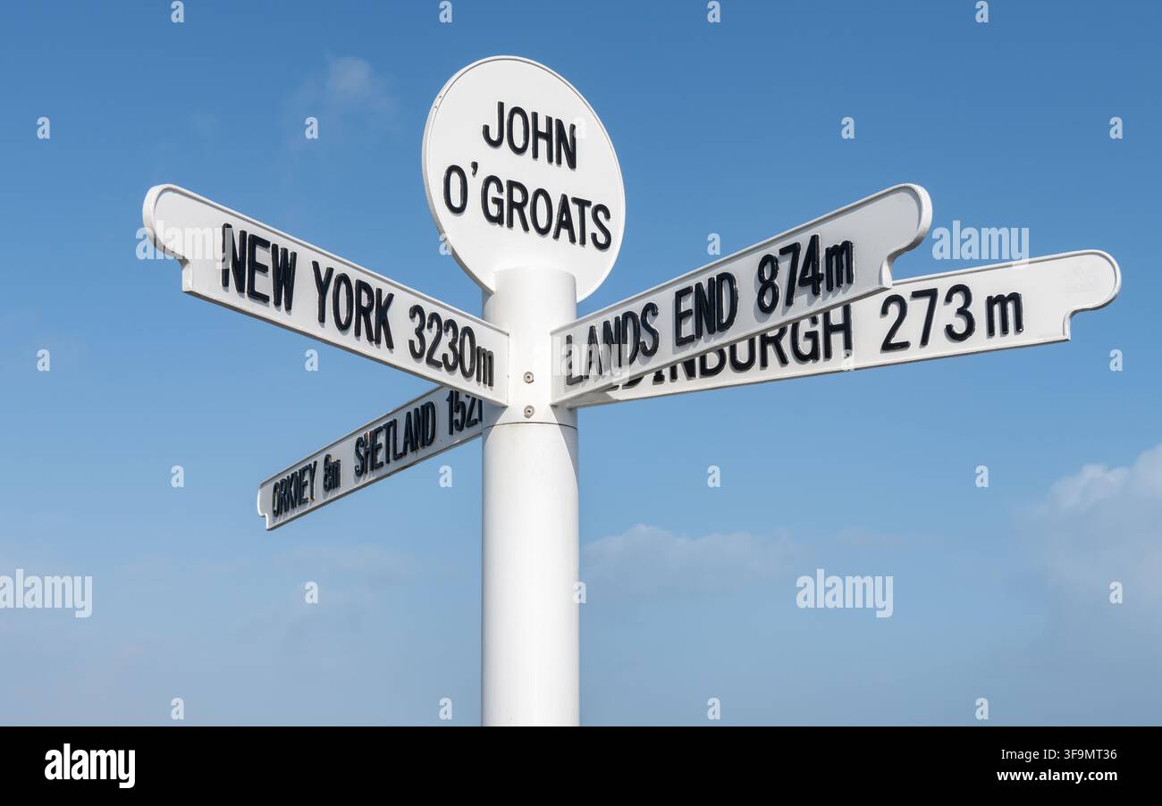 Wegweiser für Entfernung und Richtung in John o' Groats, Caithness, Highlands, Schottland Stockfoto