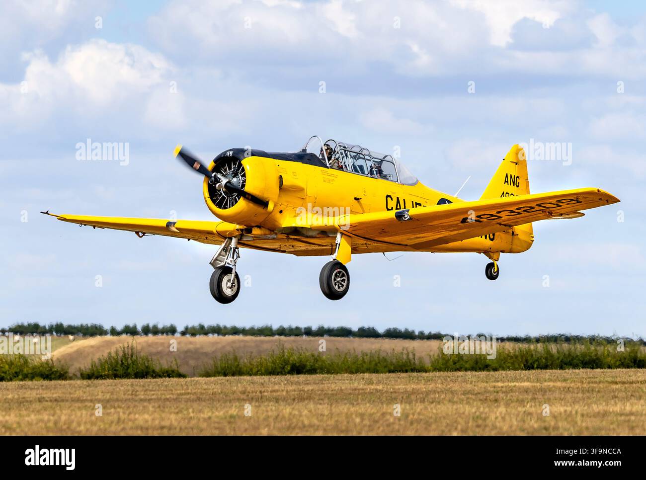Nordamerikanischer T6 Texan fliegt über den Flugplatz Compton Abbas über der Landschaft von Dorset, UK Stockfoto