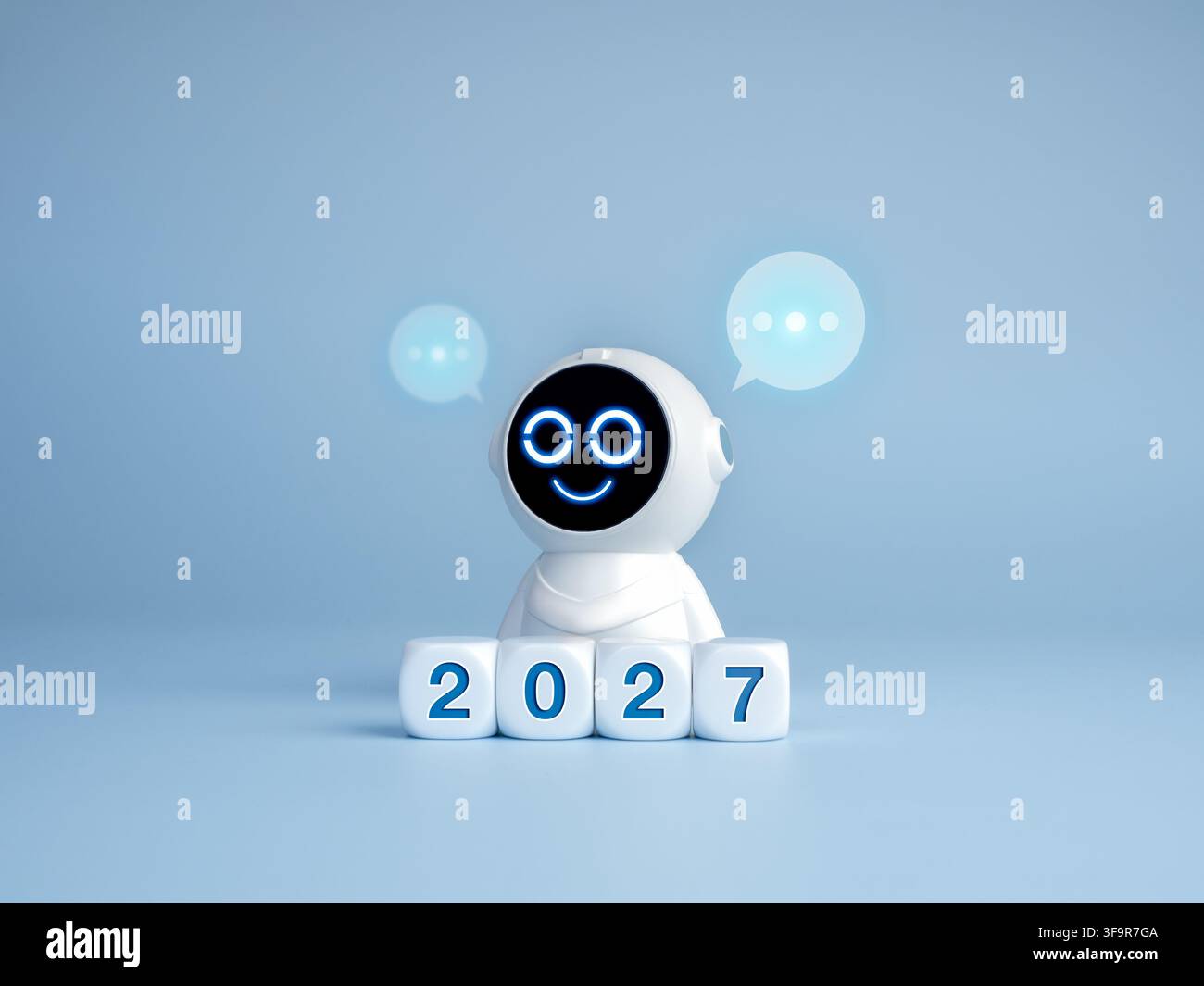 Freundlicher süßer Roboter steht hinter Zahlenblöcken 2027 mit leuchtenden Sprechblasen auf blauem Hintergrund. KI-Chatbots, virtuelle Assistenz, Kundensupport Stockfoto
