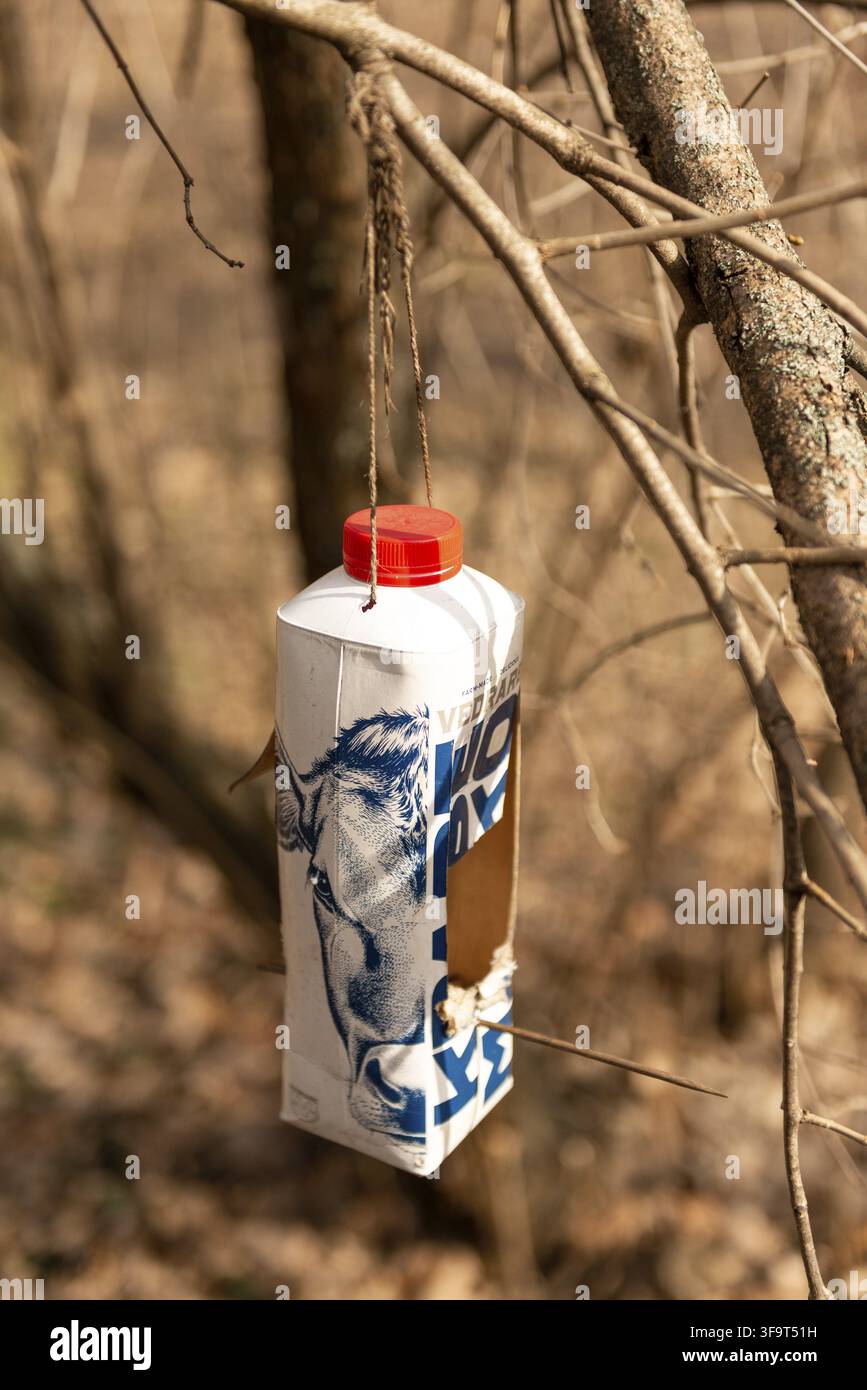 Handgefertigter Milchkarton Vogelfutterautomat Stockfoto