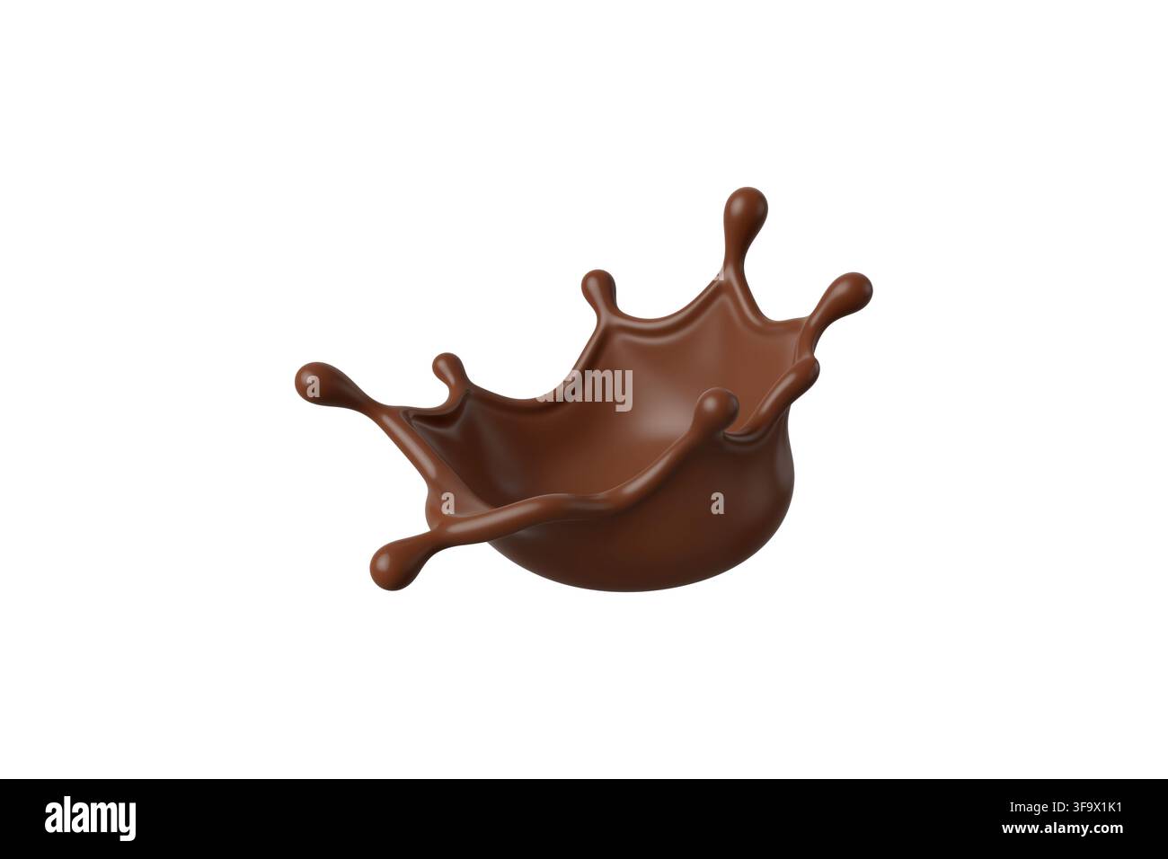 3D-Rendering eines dynamischen Schokoladenmilchspritzers mit einer wirbelnden Bewegung und mehreren umherfliegenden Tröpfchen, isoliert auf Weiß. Stockfoto