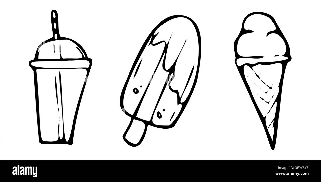 Eiscreme-Set Kegelgetränk Aufkleber Umriss Weißer Hintergrund, einzelnes Objekt. Vektorillustration Stock Vektor