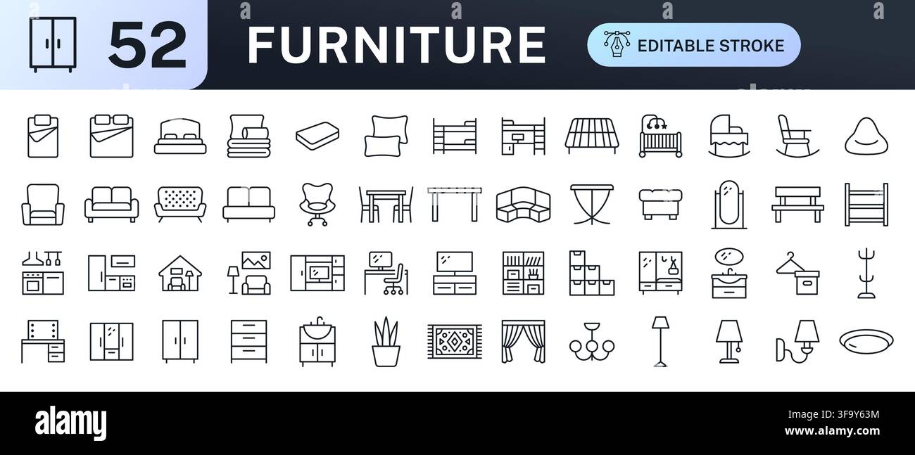 Möbel-Linien-Icon-Set. Bett, Sofa, Stuhl, Tisch, Kleiderschrank, Küche, Schrank, Schreibtisch und Wohnraum-Interieur lineare minimale Vektorillustration. Einfach Stock Vektor